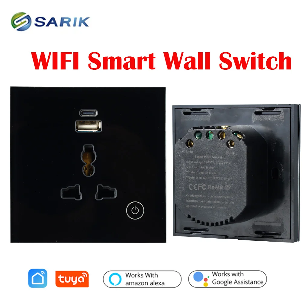 

Tuya Smart Wi-Fi настенная розетка Type-C порт 16A панель из хрустального стекла дистанционное управление переключателем универсальная USB-совместимость Alexa