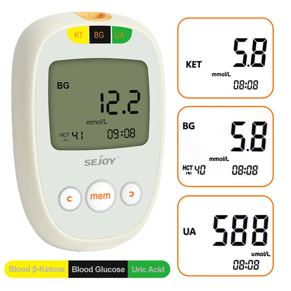 Glucose & Ketone Uric acid Testing Meter Kit Ketosis & Diabetes Management. 150 Test Strips (50 Each), Lancets, Lancing Device