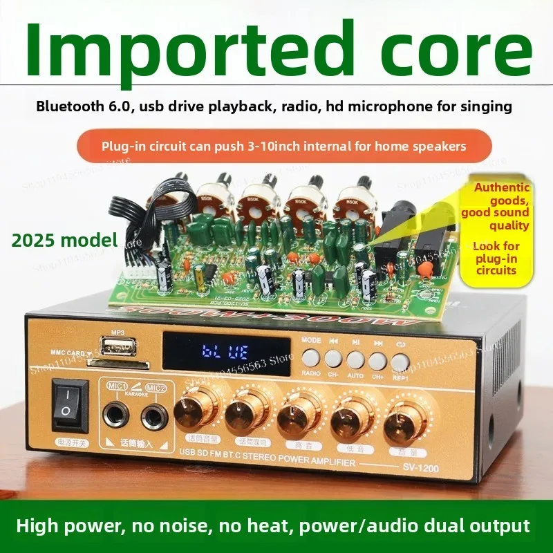 Imported core high power 6.0 bluetooth amplifier radio u disk microphone singing lossless sound quality 12v universal 220