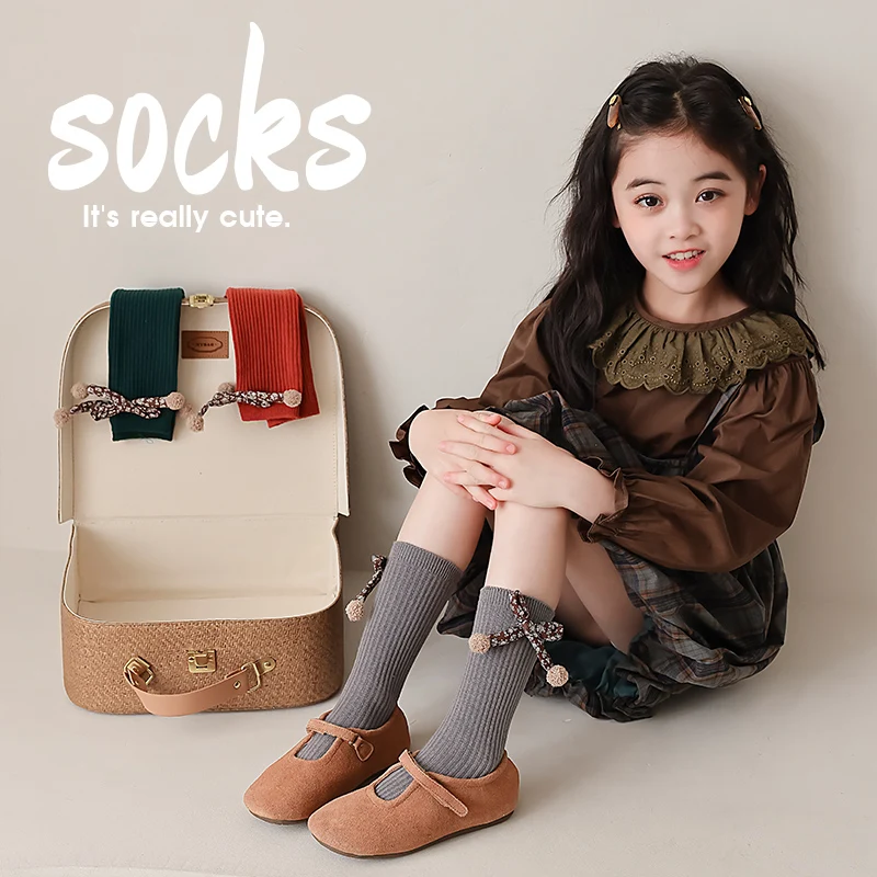 Little Children Korean Mid Calf Hosiery Classic Mead Color Palette Slim Striped Texture Pom Pom Mini Floral Bow Breathable Socks