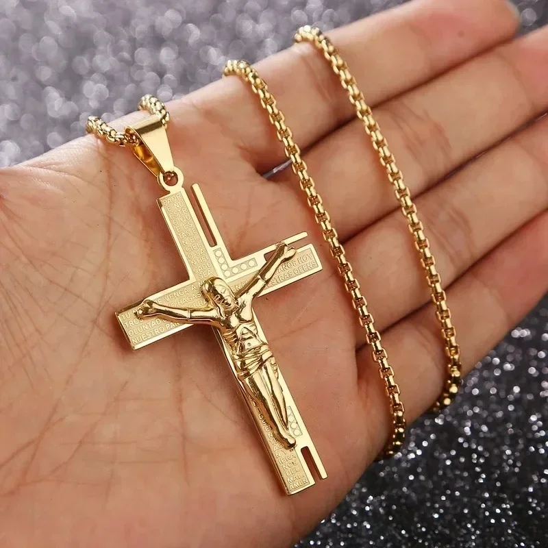 Jesus cristo cruz colar dos homens da cor do ouro cruz religiosa pingente colar acessório corrente acessórios