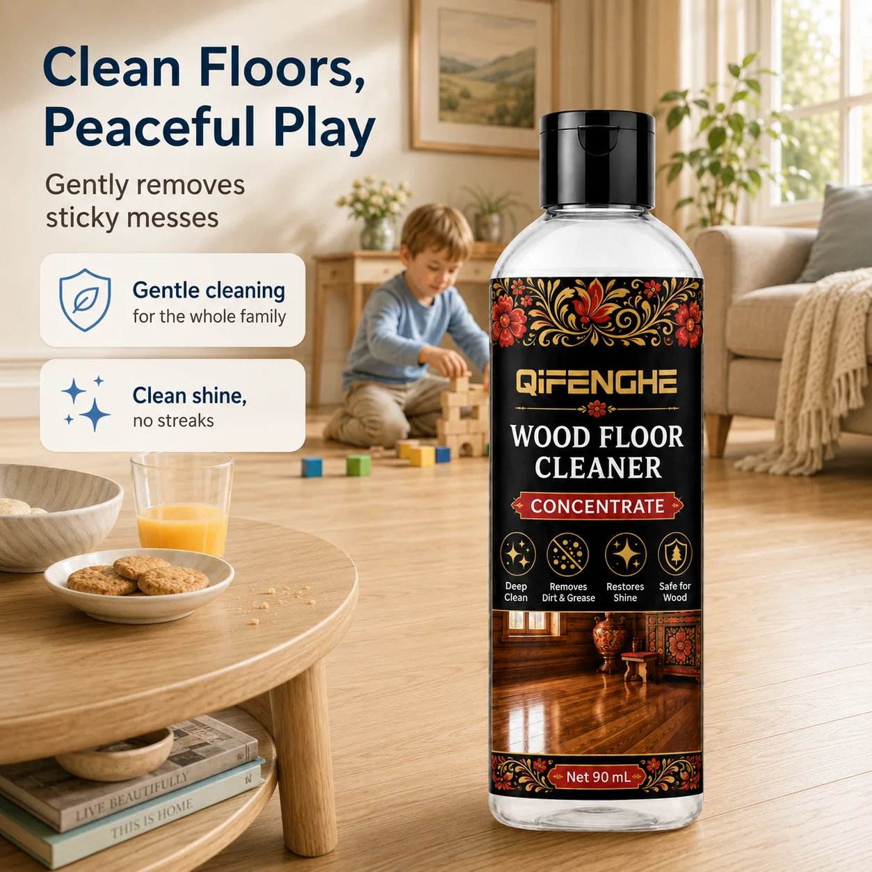 Concentrated Wood Floor Cleaner, Deep Clean Parquet Laminate, Neutral pH, Quick Dry, No Residue, Anti-Bacterial, Deodorize, Shin