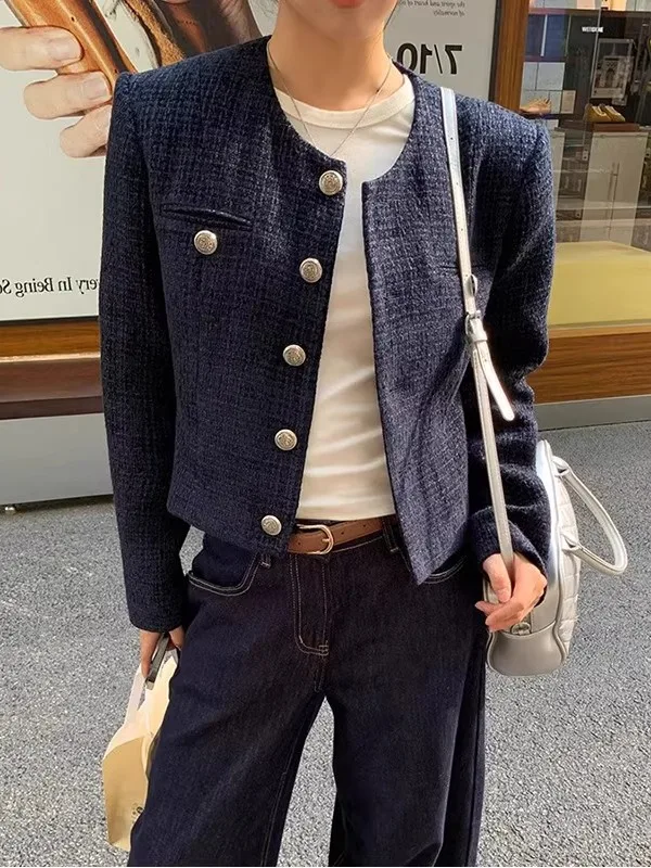 Elegant Short Coat Jacket for Women Brand Button Decorated Luxury Style Straight Cut Polyester Nylon Composite Fiber round Neck