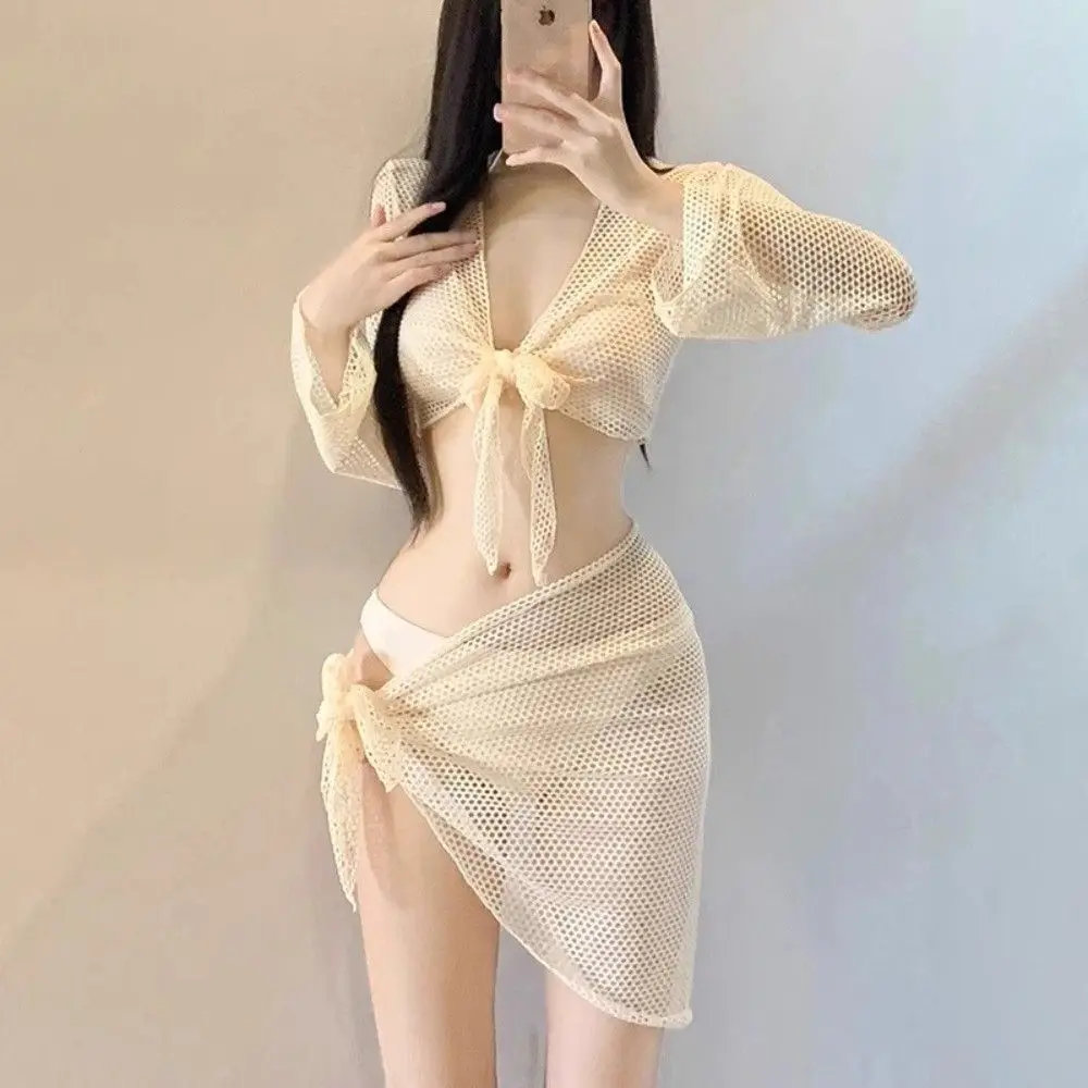 

4 Piece Fashion Sexy Womens Swimsuit Hollowed-out Comfy Women's Bikini Sets Long-sleeved Smock Breathable Swimwear Swimming Pool