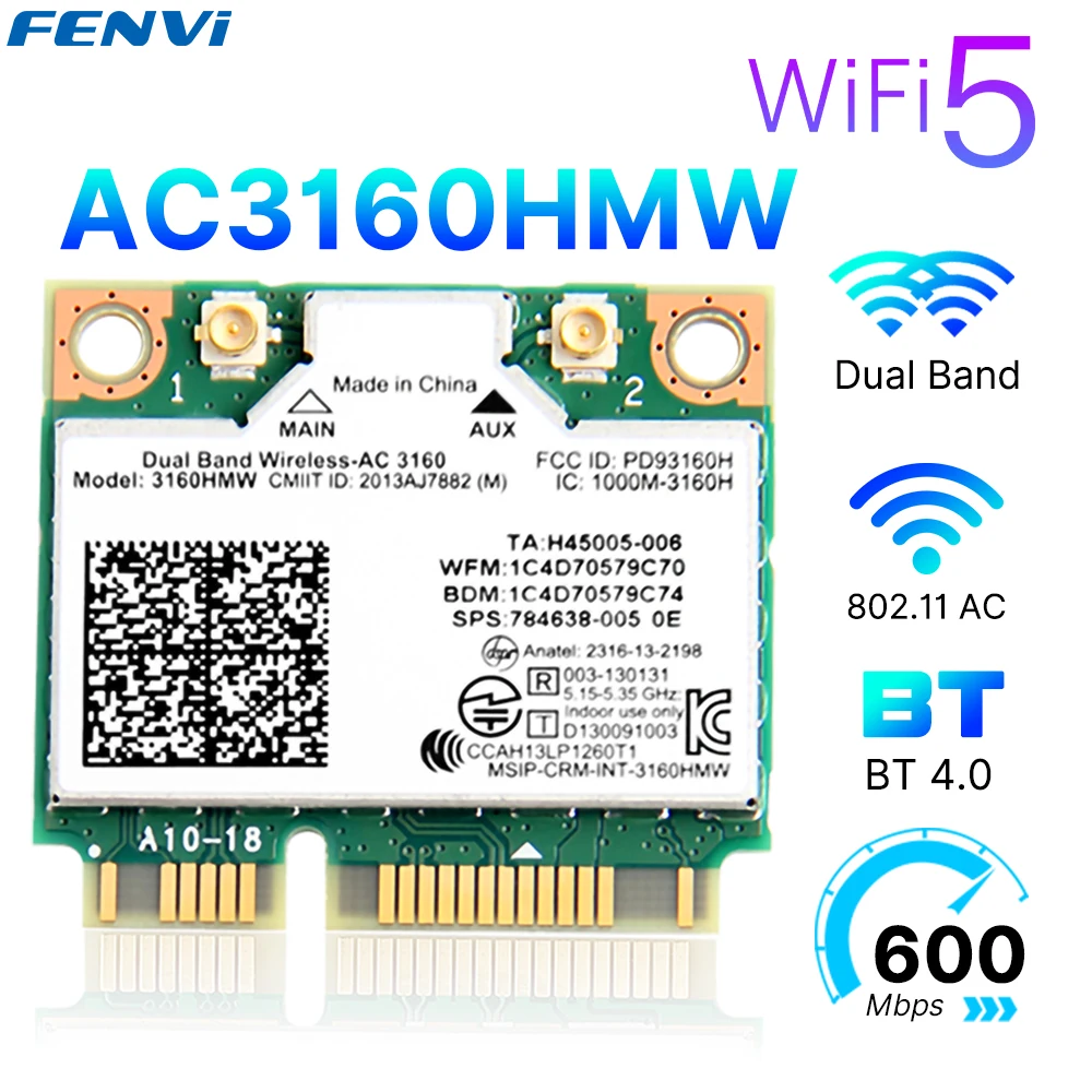 Fenvi WiFi 5 AC3160HMW Mini PCI-E Wireless Card Dual Band 2.4G/5Ghz Bluetooth 4.0 802.11AC 3160HMW WiFi Card For Windows 7/8/10