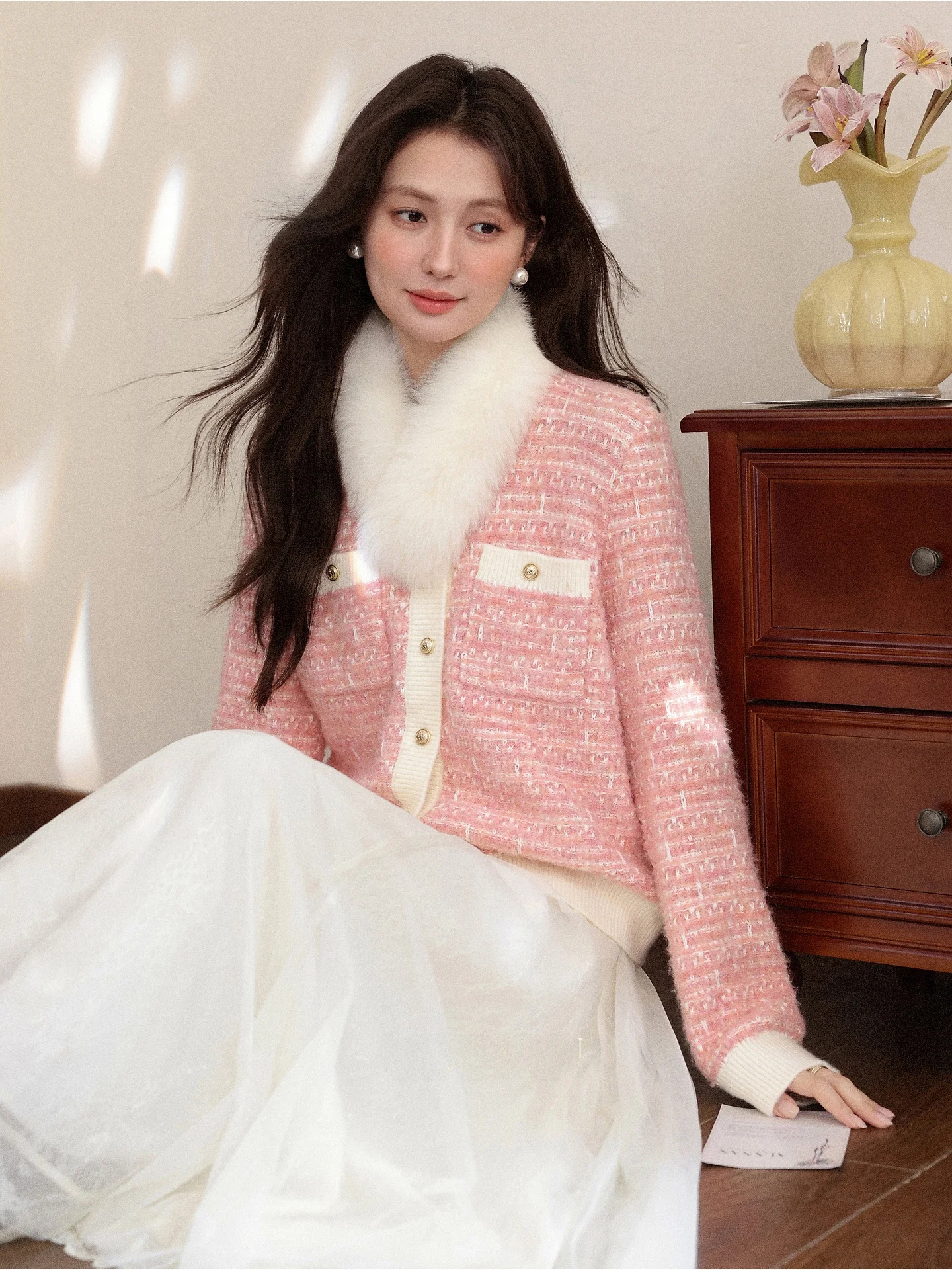 

Женский кардиган South Deer Autumn Berry Flower с длинными рукавами, розовый, свободный крой, однотонный, для повседневной носки