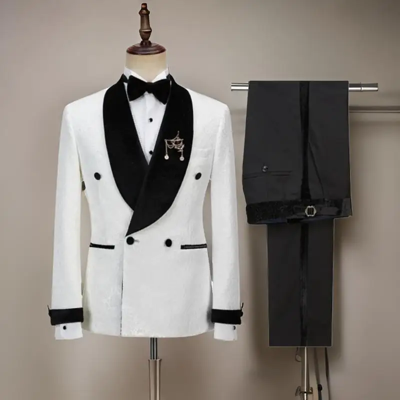 คู่ดอกไม้ชุดสําหรับชาย 2024 กํามะหยี่สีดําผ้าคลุมไหล่เจ้าบ่าว Tuxedo Tailor Made เสื้อสูทกับกางเกง