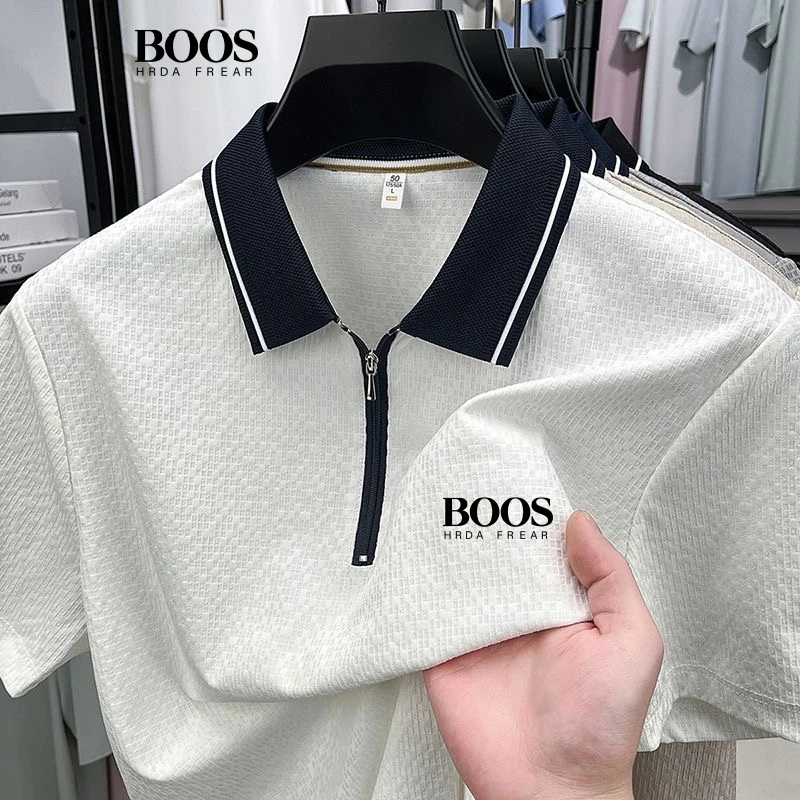 

New Summer High Quality Silk Half Zipper Polo Shirt for Men, Korean Edition, Fashionable, Casual, Breathable, Cool Top