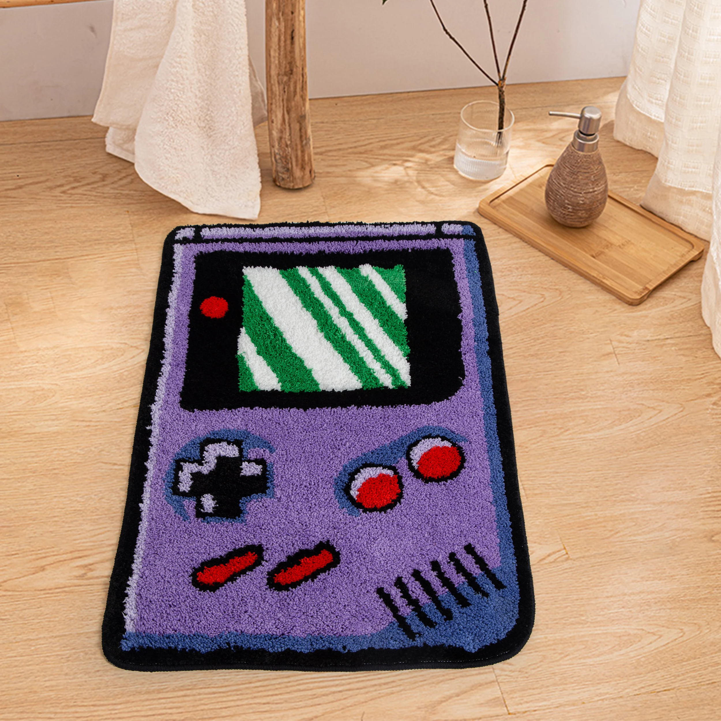 Alfombra capitoné estilo Gameboy vibrante, alfombra esponjosa 3D en forma de consola, decoración retro para habitación de jugadores, alfombra antideslizante para dormitorio