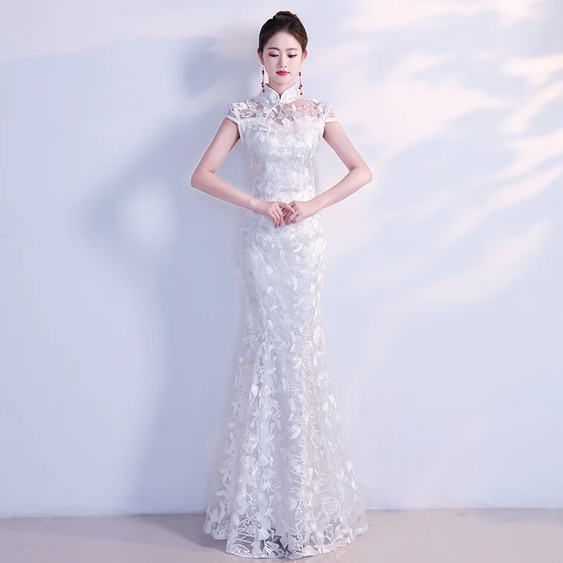 White Women Elegant Mandarin Collar Bridal Wedding Dress Sexy Slim Lace Novelty Cheongsam Exquisite Mermaid Trim Long Qipao