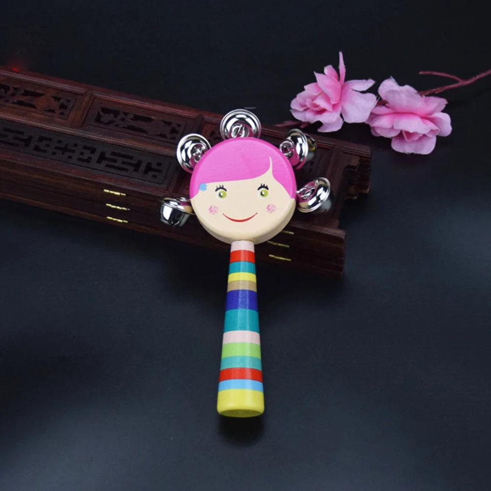 

Hand Wooden with Bells Cartoon Toys for Kids Gift Smiling Bamboo Infant Child Handles