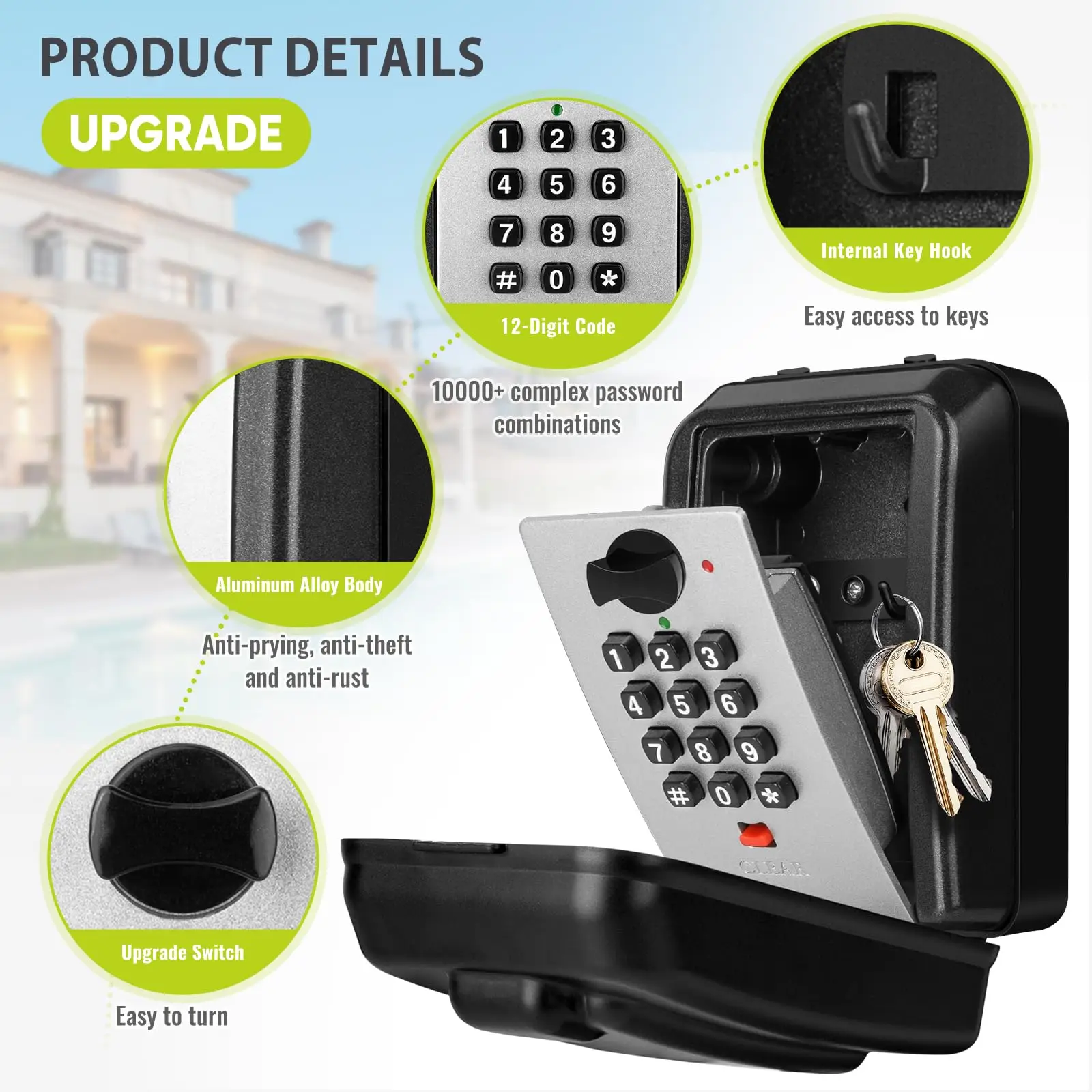Key Lock Box for Outside Waterproof Lock Box for Keys with Code 12-Digit Combination Lock Storage Box Large Safe Security Lockbo