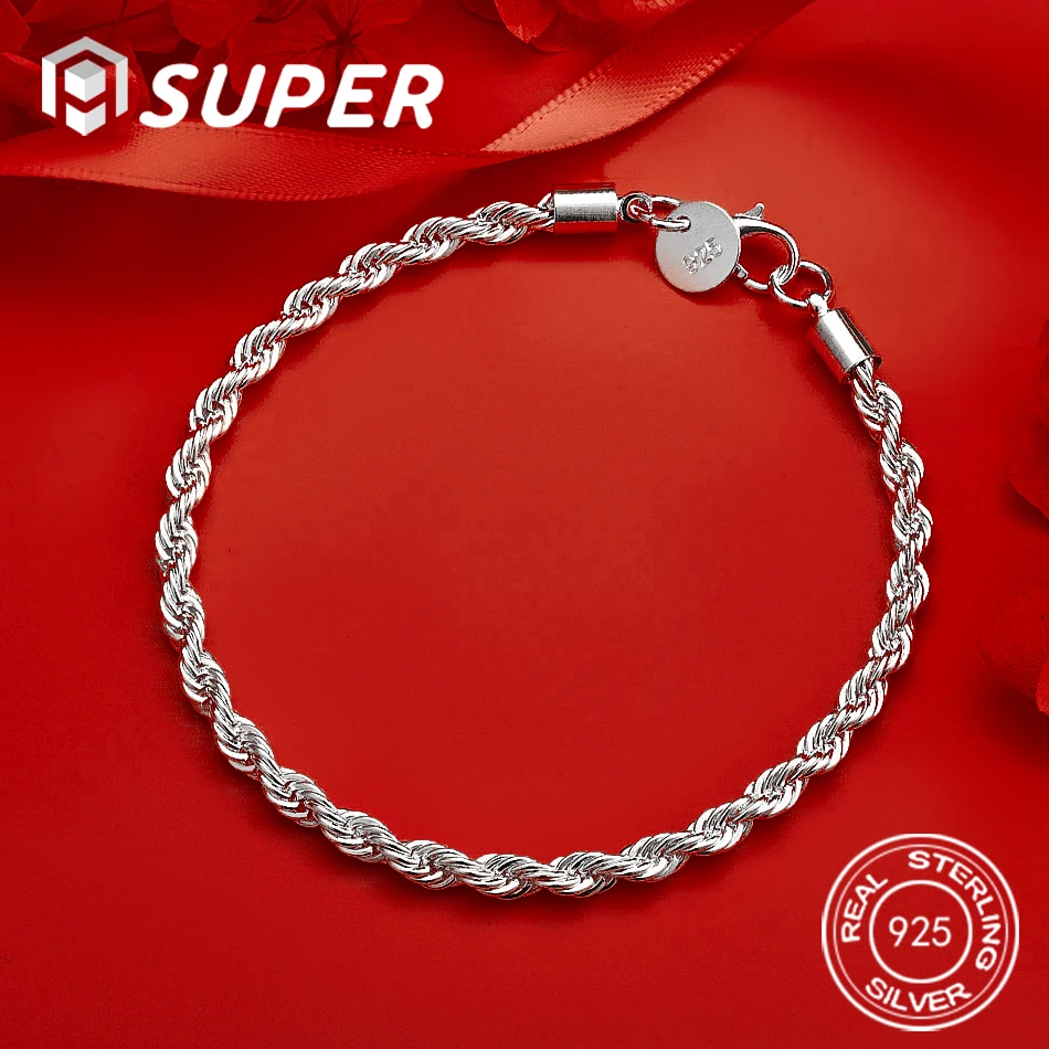 

ALISuper 925 Sterling Silver 8-inch (4mm) Hip Hop Rope Chain Bracelet, Unisex Fashion Accessory, Engagement Jewelry