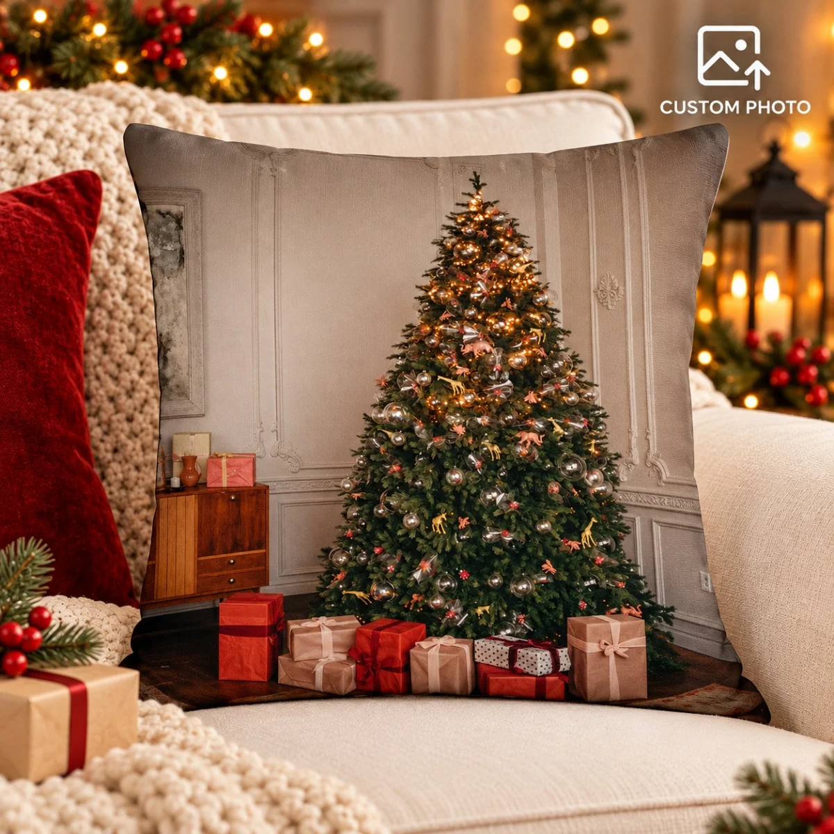 Christmas Tree & Gift Boxes Print Throw Pillow Cover, Vintage Xmas Scene Cushion Case, Festive Sofa Home Decor, Holiday Decora