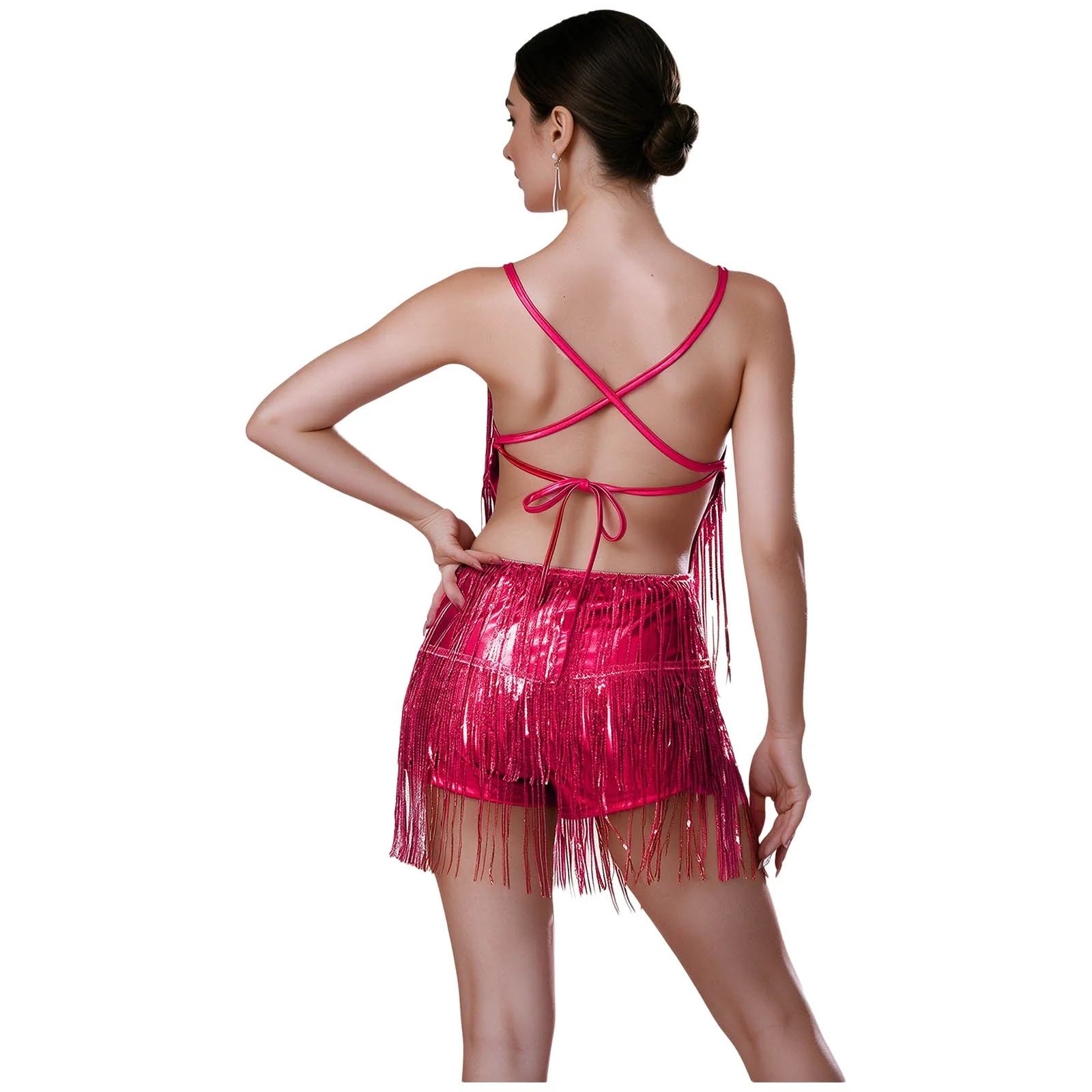 Damen-Pailletten-Fransen-Latin-Tanz-Jumpsuit, 1920er-Jahre-Flapper-Kleid, rückenfreier Body mit Schnürung und Fransen, Metallic-Bodysuit, Bühnenkostüm – Detail 6