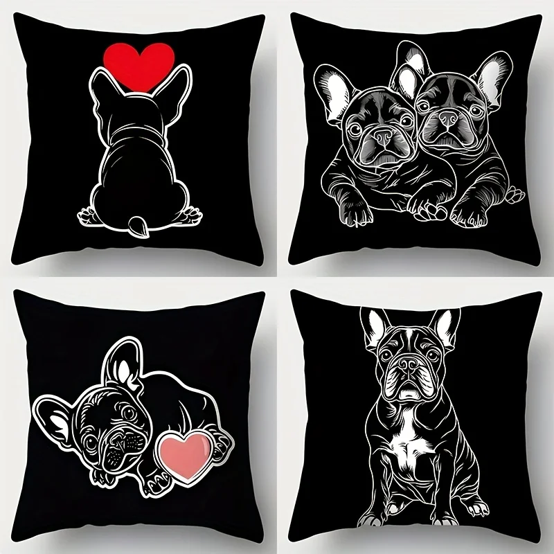 

4-piece sofa cushion cover set, black with small dog heart design, 17.7 x 17.7 inches, single-sided print.