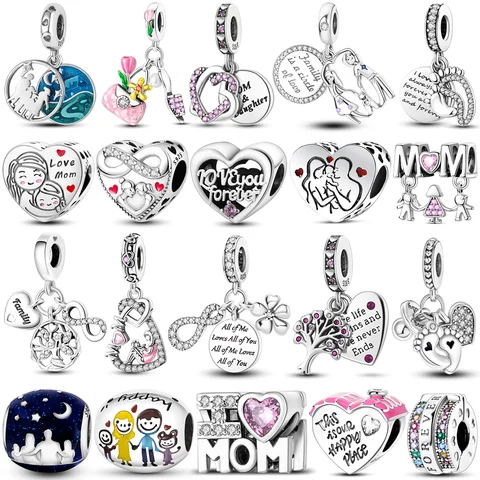 925 Ayar Gümüş anneler Hediye Charm Boncuk Anne Aşk Mutlu Aile Dangle Fit Orijinal Bileklik Bileklik Kolye DIY Takı