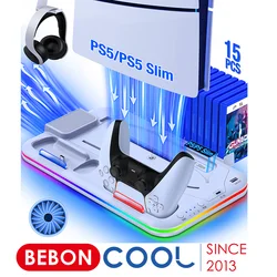 Para ps5 suporte de resfriamento fino com ventilador de luz rgb para disco de console ps5 edições digitais controlador ps5 doca de carregamento de controlador duplo