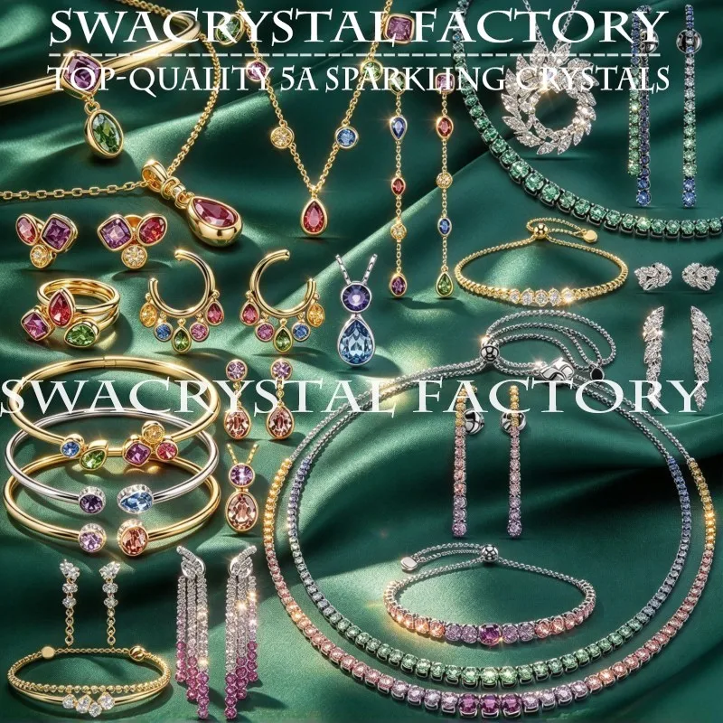 Multicolor Crystal Jewelry Set 14K Gold Plated Necklace Bracelet Bangle Earrings Ring Women Luxury Crystal Wedding Accessories
