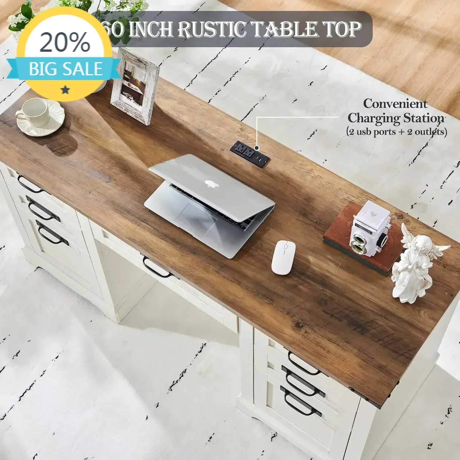 

BestsellerXMSJ-Sale Farmhouse Executive Desk with Drawers, Wood Home Office Desk w/Charging Station, Keyboard Tray, File Drawer,