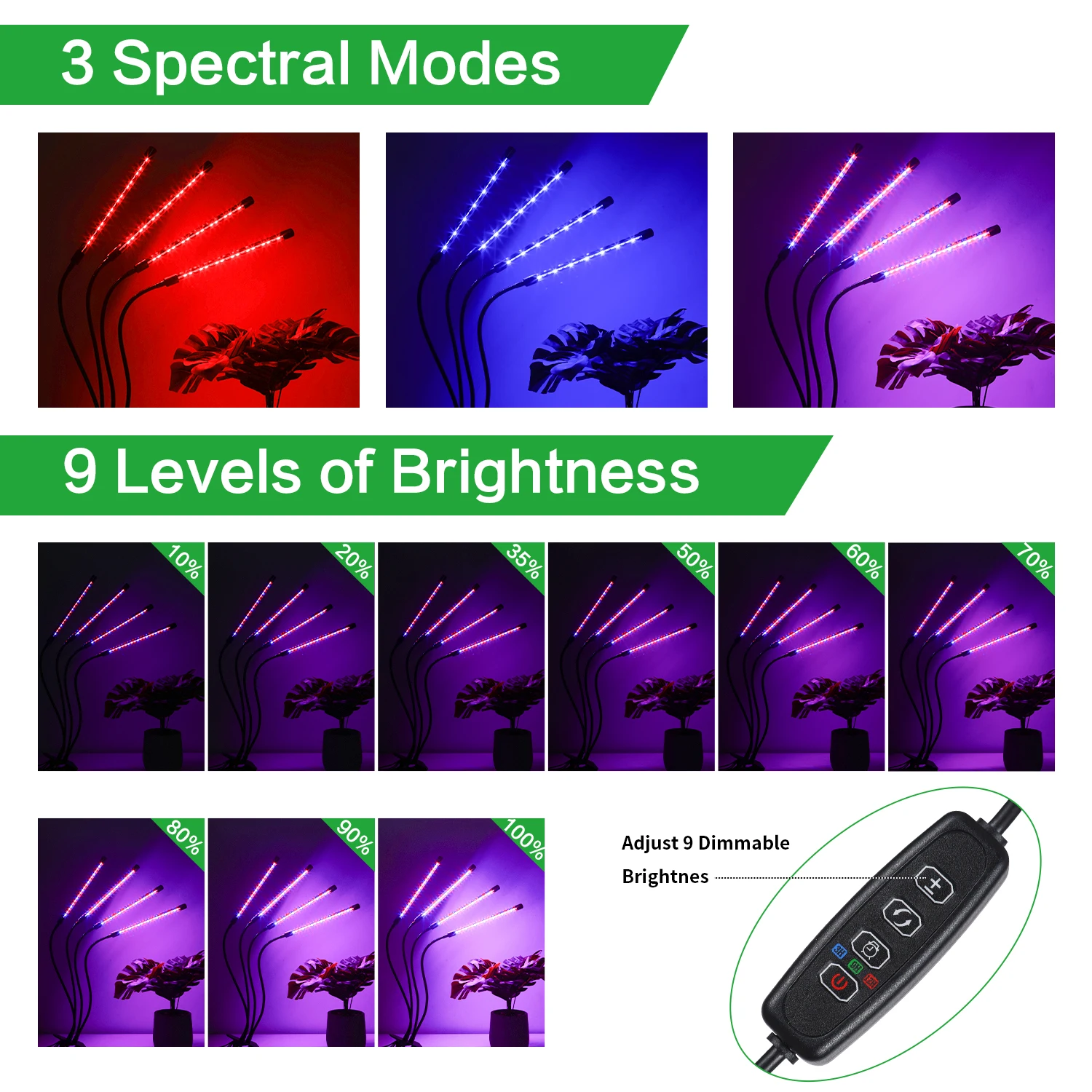USB-LED-Pflanzenwachstumslicht für den Innenbereich, Garten, 10 dimmbare Stufen, Wachstumslicht, volles Spektrum, Timer-Einstellung, Hydrokultur-Gewächshaus, 3 Stunden/9 Stunden/12 Stunden – Detail 7