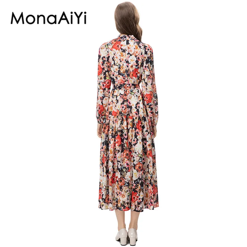 MonaAiYi New Fashion Runway Designer Women's Sicily High Collar Long Sleeved Detachable Waistband Printing Midi Dresses