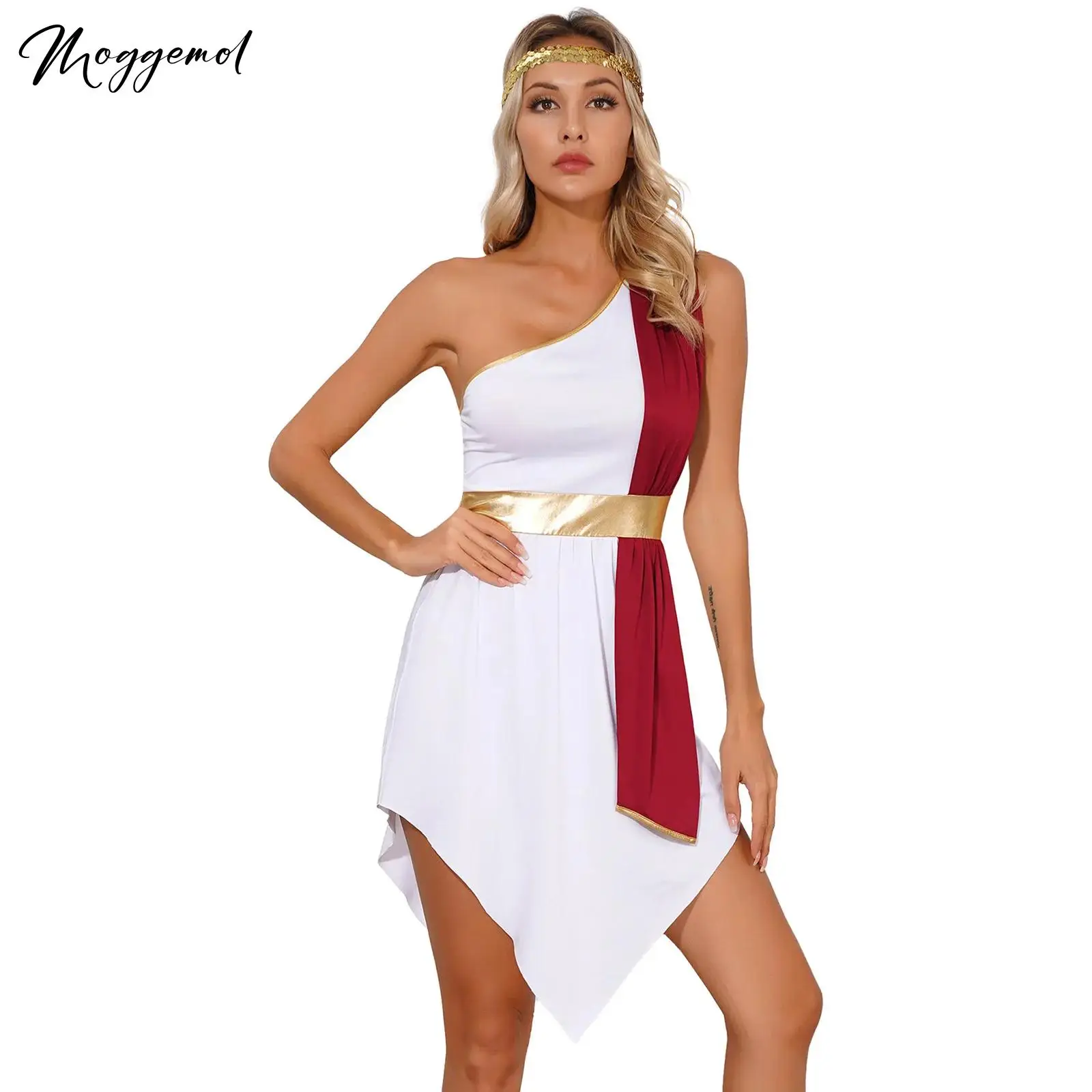 

Womens Toga Greek Princesses Costume Ancient Roman God Cosplay Dress with Headband Cleopatra Role Play Robe for Halloween Party