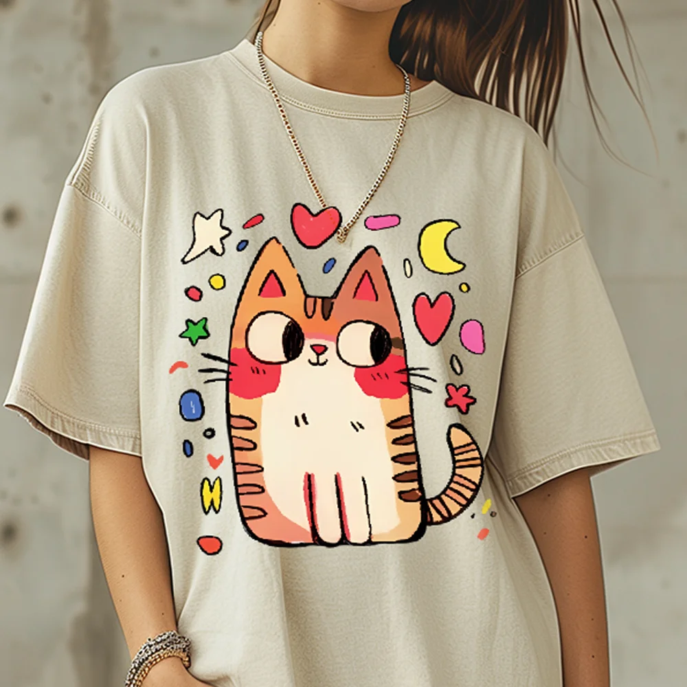 

Casual Women's T-Shirt Cartoon Cute Dopamine Kitten Print T-Shirt Pure Cotton Comfortable Y2k Clothes Wear T-Shirt