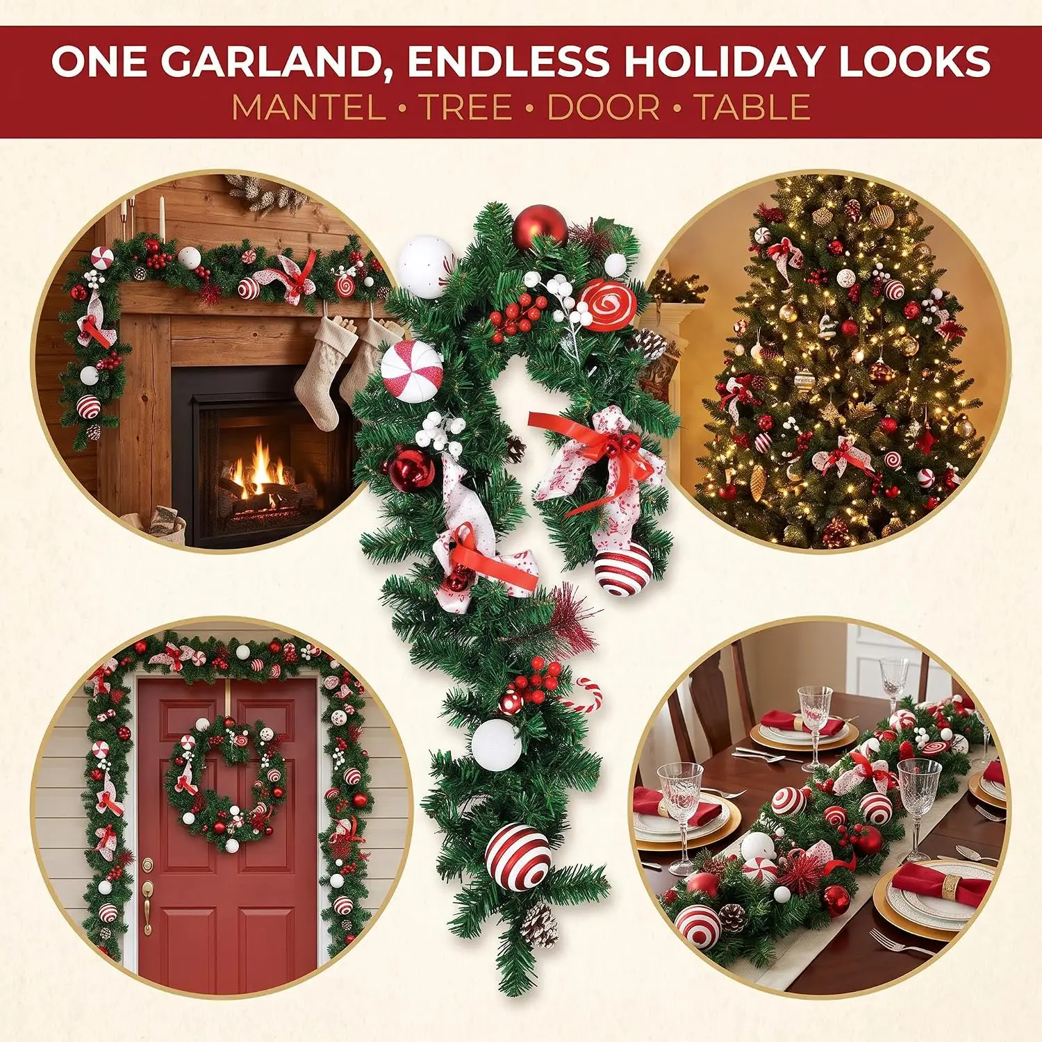 Garvee 6/9ft Christmas Garland Wreath Artificial Pine with Pinecones and Berries Xmas Tree Hanging Ornaments for Home Outdoor Yard Party Door Fireplace Stair Decoration