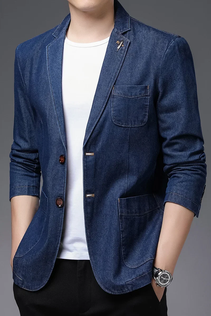 2023 Spring Autumn New Men\'s High-quality Brand Business Casual Suit Jacket Men Fashion Slim Fit 2 Button Blue Denim Blazer Male