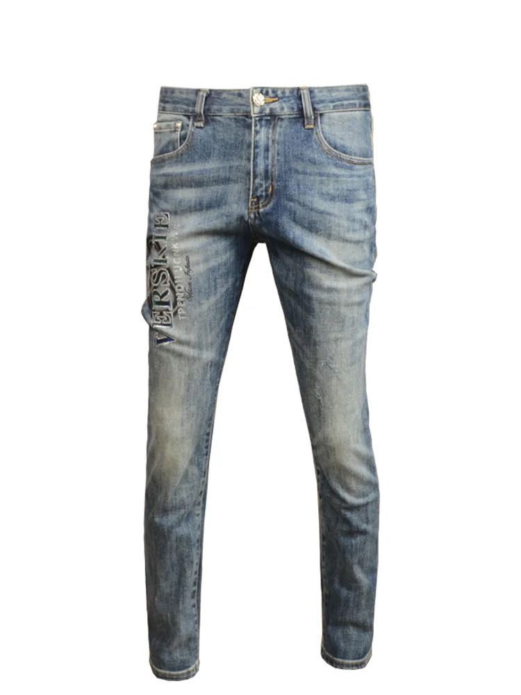 Stretch Casual Jeans Men's Spring and Autumn Fashionable Slim High-End Printed Retro Affordable Luxury Washed Skinny Pants