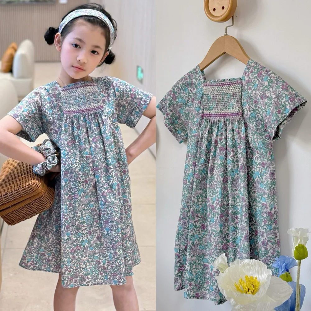 

summer kids girls clothes baby dresses cherry dress Floral pattern short sleeved dress hand embroidery girls dress