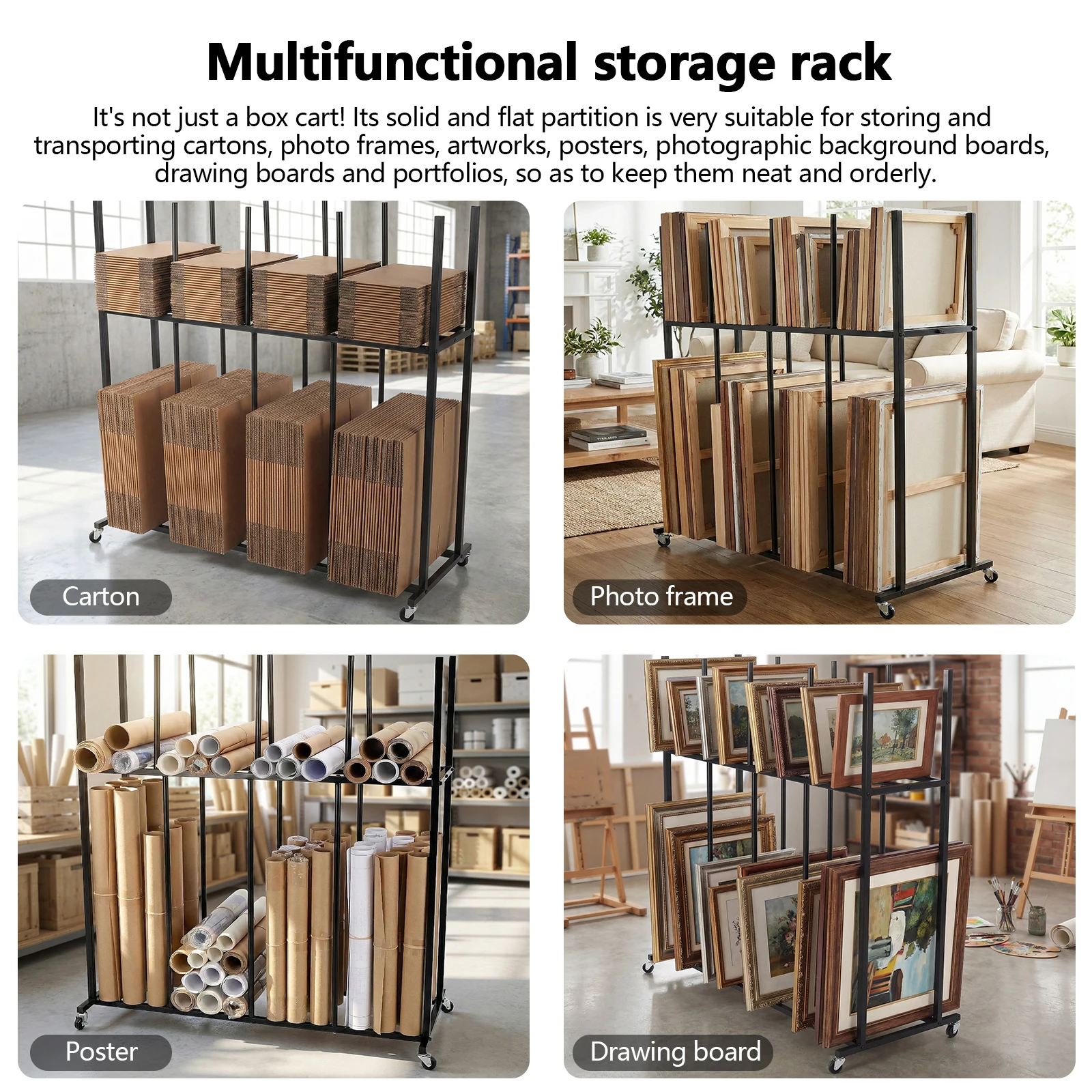 

Двухуровневая стойка для хранения художественных полотен с колесиками, подставка-мольберт для студий, галерей, картин и панно