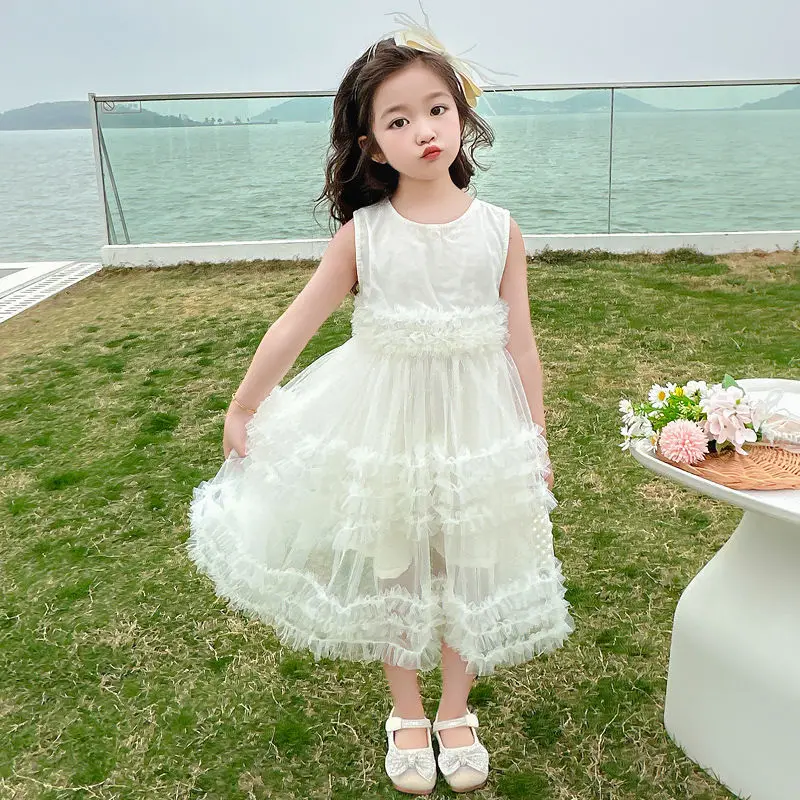2026 New Korean-Style Dress for Children, Girls' Summer Sweet Vest Puffed Mesh Princess Dress