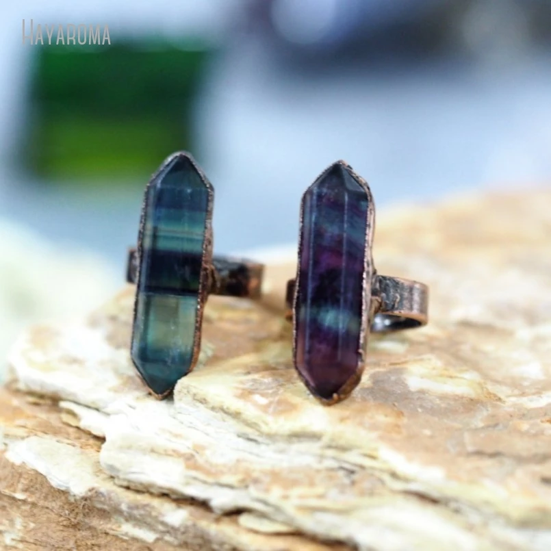 10Pcs Wholesale  Antique Bronze Color Rainbow Fluorite Vintage Style Double Terminated Point Hexagon Ring RM41003