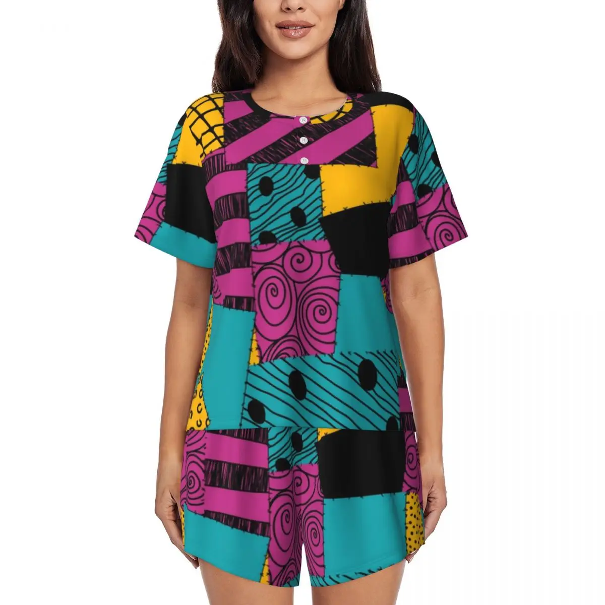 

Custom Print Women's Sally Ragdoll Dress Pajamas Set Short Sleeve Tim Burton Halloween Skull 2 Piece Sleepwear Pj Lounge Sets