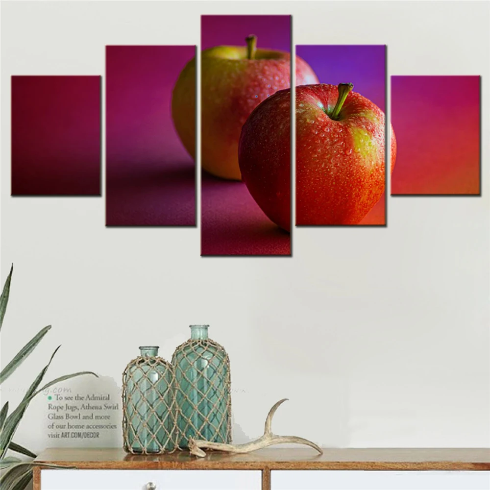 

5 Pieces Canvas Wall Arts Poster Paitning Food Red Apples Dew Drops Wallpaper Home Decor Picture Printing For Living Room Mural
