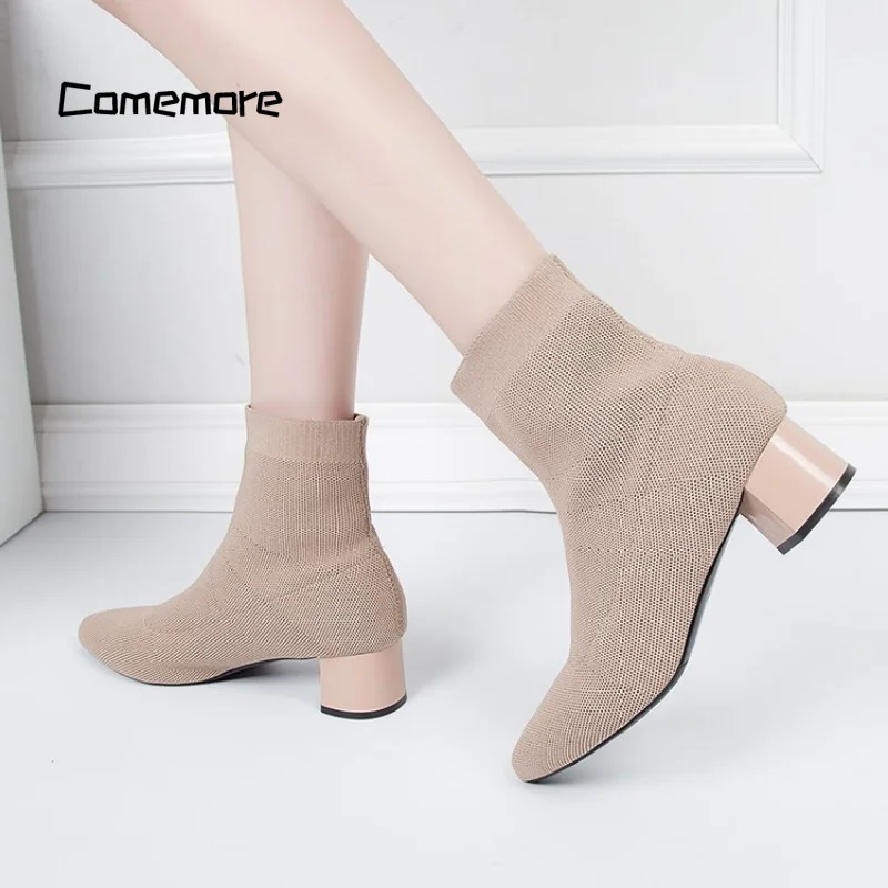 Comemore 2024 Trend Fashion Winter Stretch Knitted Women Ankle Boots Black Heels Femme Pointed Sock Shoe Women\'s Shoes with Heel