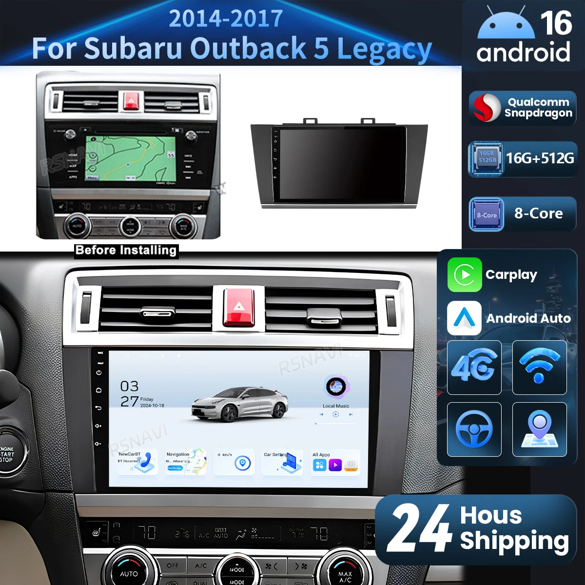 Android 16 Carplay Auto 2K Screen Car Radio BT Multimedia Player For Subaru Outback 5 Legacy 2014 - 2017 16G-512G WIFI 4G GPS