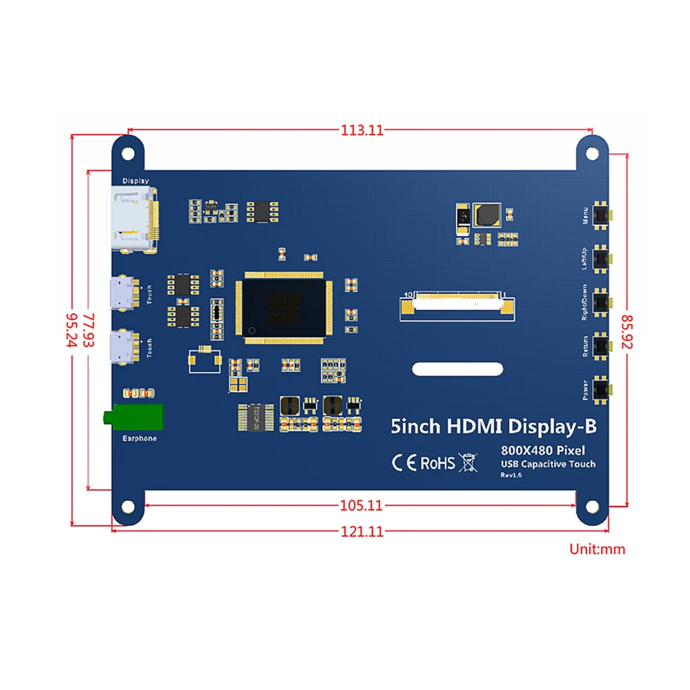 EQV 5นิ้วแบบพกพา HDMI 800X480หน้าจอสัมผัสแบบ Capacitive จอแสดงผล LCD สำหรับ Raspberry Pi 4 3B +/ PC/Banana Pi