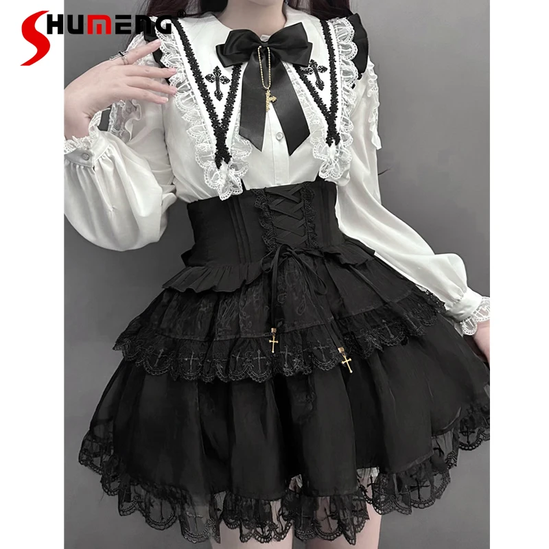 

Оригинальные черные юбки в японском стиле для Хэллоуина, кружевные лоскутные юбки с высокой талией и бантом, универсальная юбка в стиле Лолиты для женщин