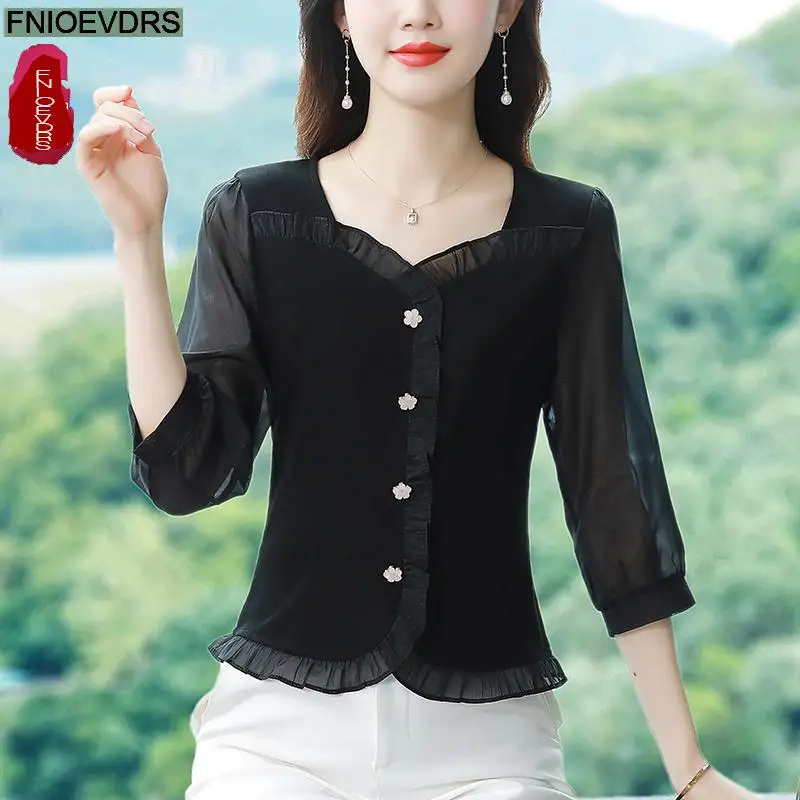 M-4XL 2024 Fashion Ruffles Button Tops Women Basic Wear Office Lady Square Neck Purple Elegant Retro Vintage Shirts Blouses