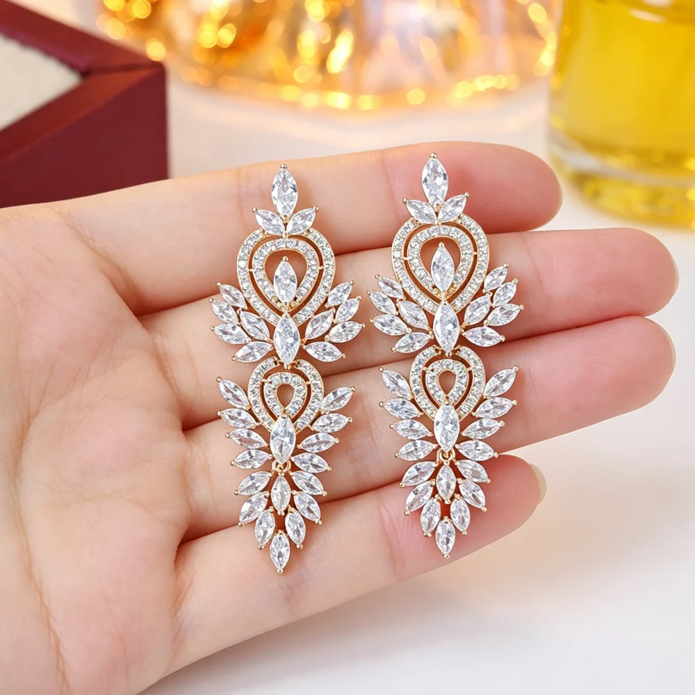 Luxuriöse Blattförmige Marquise Zirkon Lange Tropfen-Ohrringe Glänzende Kubische Zirkonia Brautschmuck Damen Hochzeit Party Schmuck Accessoires