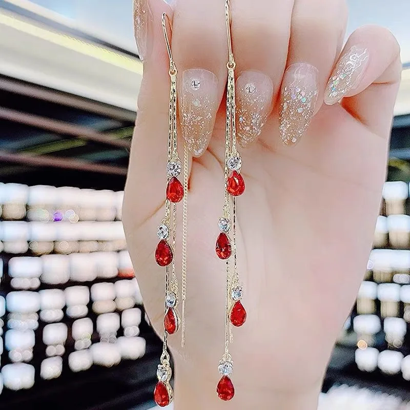 Classic Red Zircon Heavy Industry Long Style Earrings with Crystal Pendant for Women\'s Fashion Party Gifts Jewelry Accessories