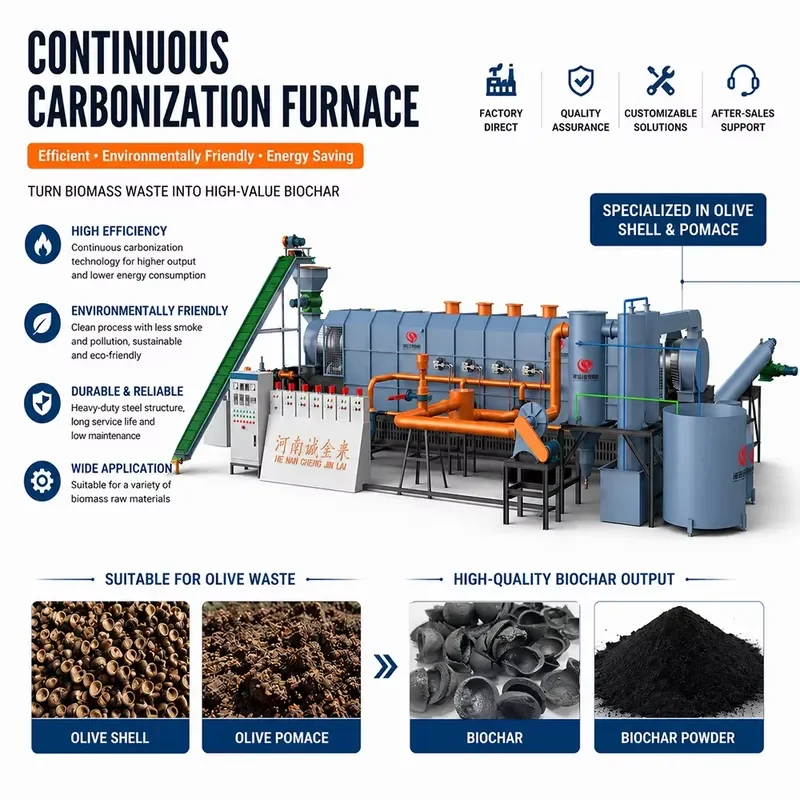 Smokeless Olive Shell Charcoal Briquette Production Line Biochar Pyrolysis Machine with Motor 500-900kg Capacity Factory