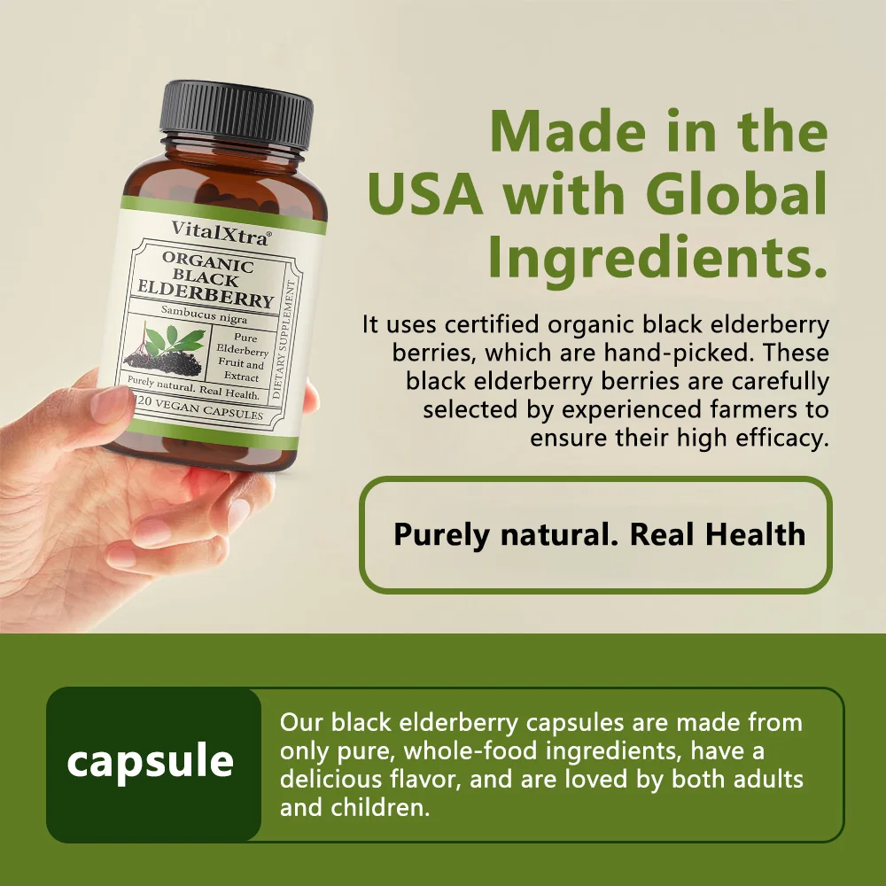 

Black Elderberry Capsules - Daily Immune Support for Adults, Antioxidant Supplement, Improves Skin Health, Gluten-free