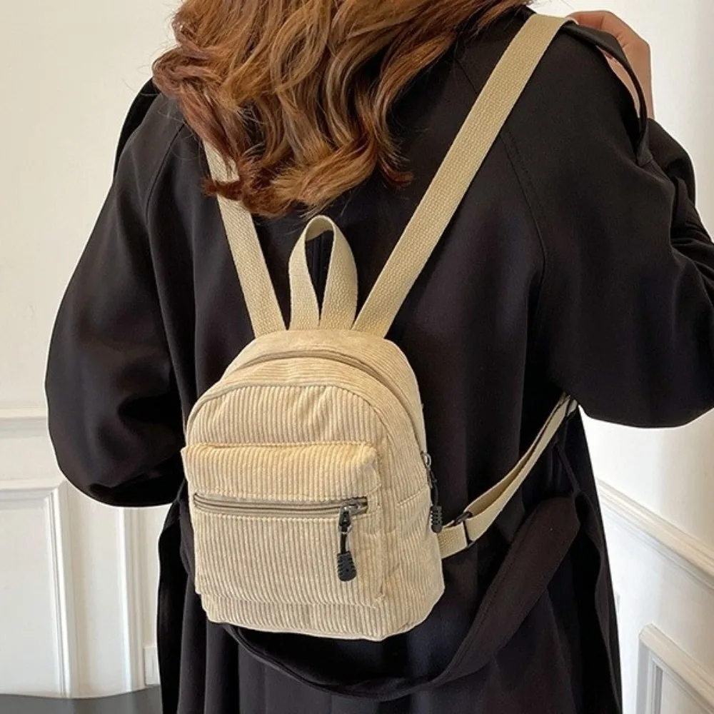 Forest Series Solid Color Corduroy Mini Backpack Lightweight Zipper Double Shoulder Bag Portable Vintage Daypack Girls