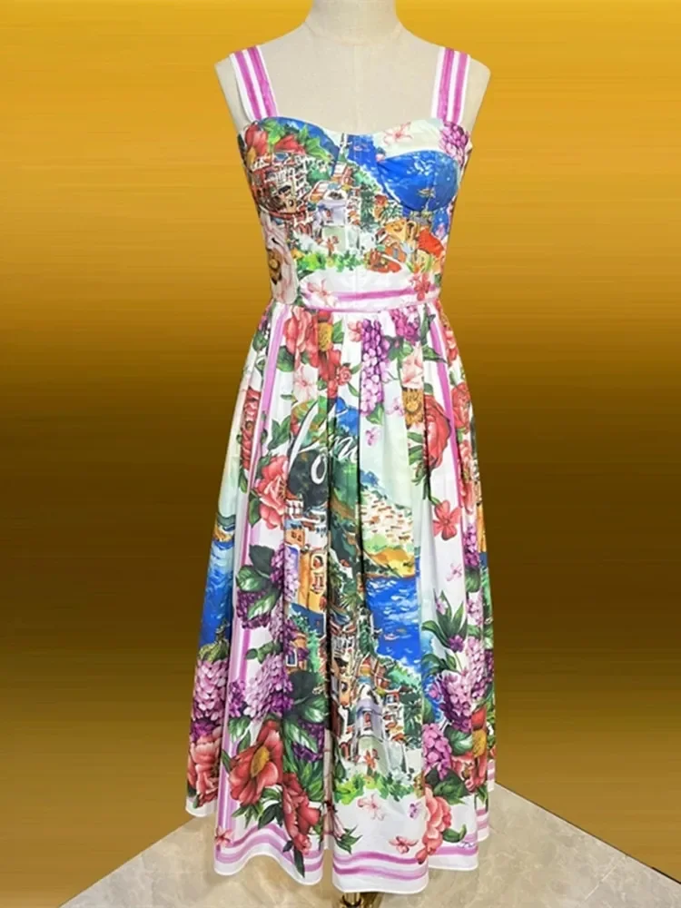 Zomervakantie Runway Bloem Midi Prom Jurk Vrouwen Elastische Sexy Backless Bandjes Empire Print Zonnejurk Party Vestidos