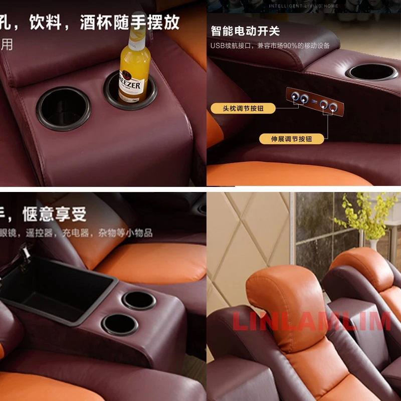 Linlamlim Home Theater Genuine Leather Couch Dual Motors 3-Seater Electric Recliner Sofa with Cup Holder and Adjustable Headrest