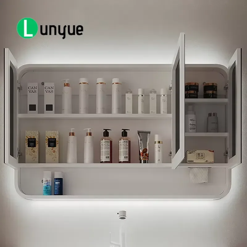 Smart Customizable Solid Wood Bathroom Mirror Cabinet Rounded Corner New Wall-Mounted Mirror Box Separate Bath Mirrors